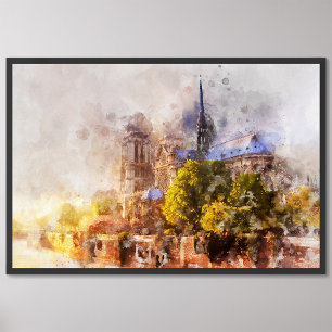 Aquarellmalerei Notre Dame Kathedrale Sonnenaufgan Fotodruck