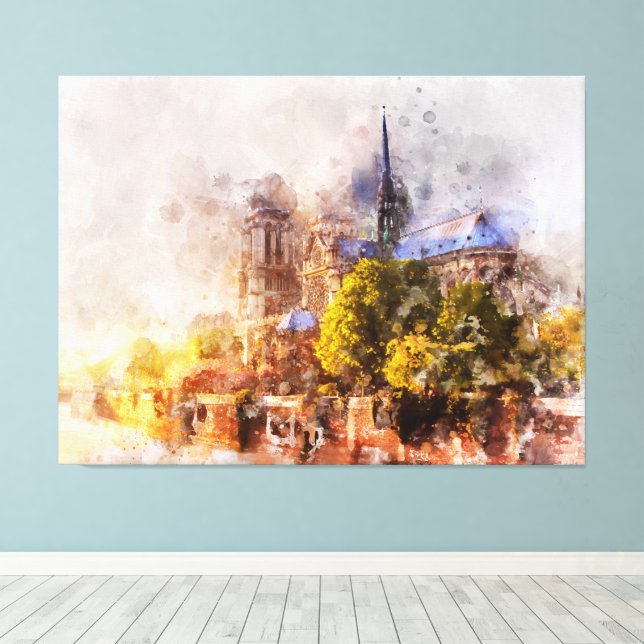 Aquarellmalerei Notre Dame Kathedrale Sonnenaufgan Leinwanddruck (Insitu (Holzboden))