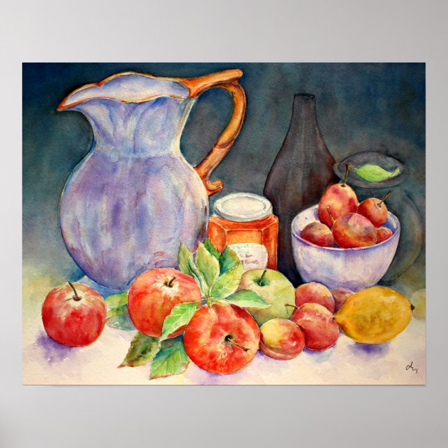 Aquarellmalerei Obst und Jug Stillleben Poster (Vorne)