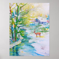 Aquarellmalerei Schneefräunungslandschaft