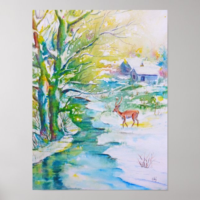 Aquarellmalerei Schneefräunungslandschaft Poster (Vorne)