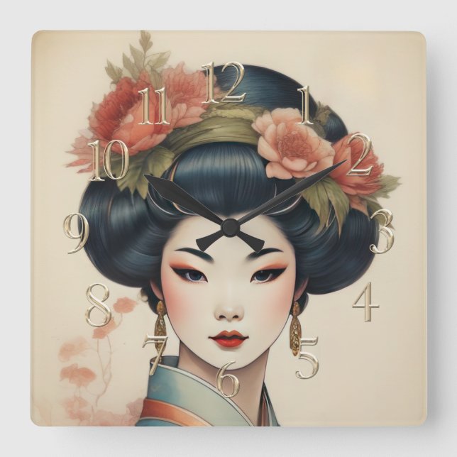 Aquarellmalerei Schöne asiatische Blume Quadratische Wanduhr (Vorderseite)