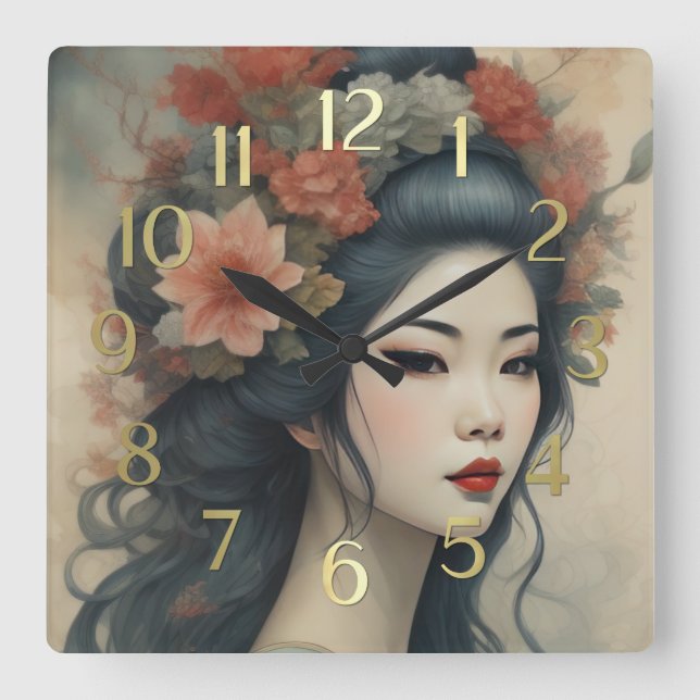 Aquarellmalerei Schöne asiatische Blume Quadratische Wanduhr (Vorderseite)