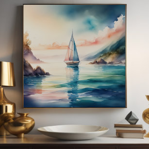 Aquarellmalerei Segelboot auf dem Wasser 1:1 Poster