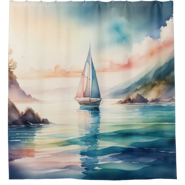 Aquarellmalerei Segelboot auf dem Wasser Duschvorhang (Vorderseite)
