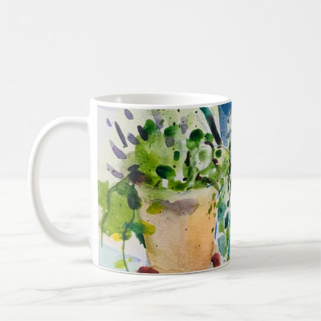 Aquarellmalerei , Sommergarten und Lawanda Kaffeetasse (Links)
