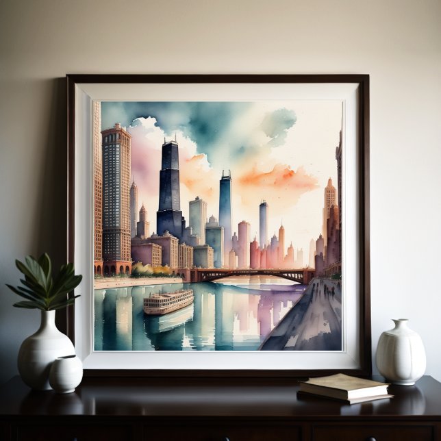 Aquarellmalerei Urban City River Scene 1:1 Poster (Von Creator hochgeladen)