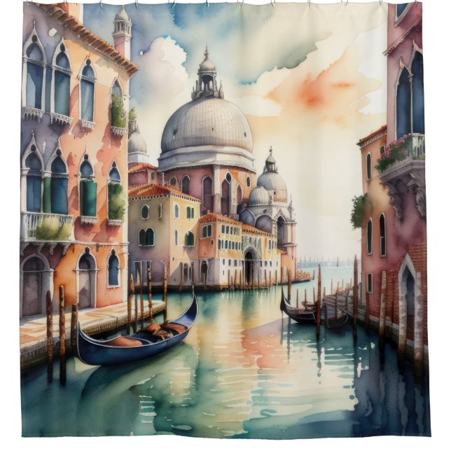 Aquarellmalerei Venedig Stadt Szene Gondola Duschvorhang (Vorderseite)