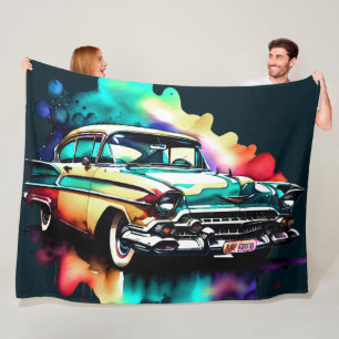 Aquarellmalerei Vintage Auto Fleecedecke