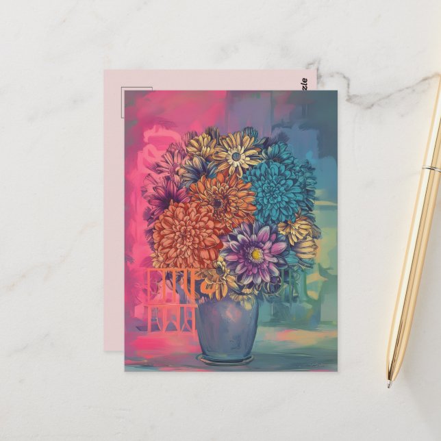 Aquarellmalerei von Blume auf einer Vase Postkarte (Vorderseite/Rückseite Beispiel)