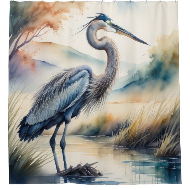 Aquarellmalerei von Great Blue Heron Duschvorhang (Vorderseite)