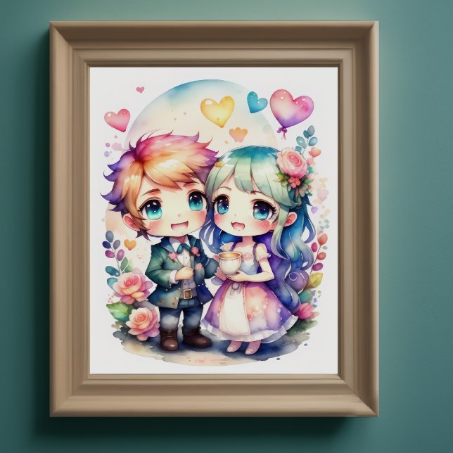 Aquarellmalerei von Kawaii Chibi Male Female II Poster (Von Creator hochgeladen)