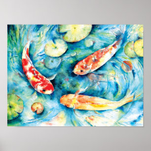 Aquarellmalerei von Koi im Lily Pond Poster