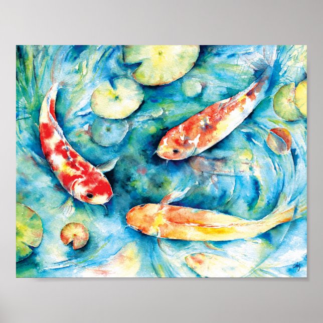 Aquarellmalerei von Koi im Lily Pond Poster (Vorne)