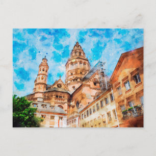 Aquarellmalerei von Mainzer Dom in Deutschland. Postkarte