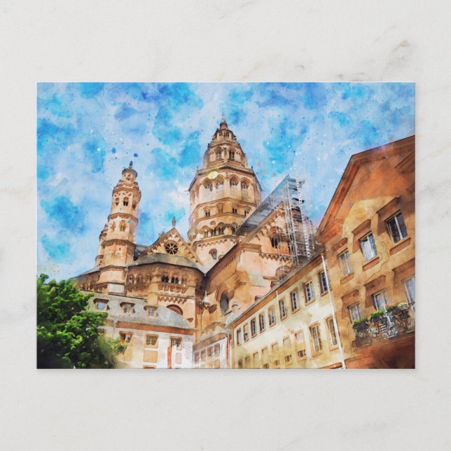 Aquarellmalerei von Mainzer Dom in Deutschland. Postkarte (Vorderseite)