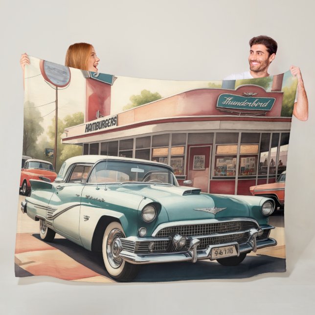Aquarellmalerei von Oldtimer und Diner Fleecedecke (Beispiel)