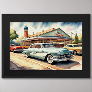 Aquarellmalerei von Oldtimern und Diner Poster