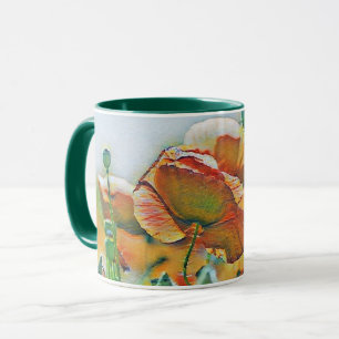 Aquarellmalerei von orange-grünen Mohnblumen im Vi Tasse