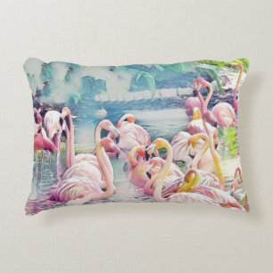Aquarellmalerei von rosa Flamingos im Wasser Dekokissen