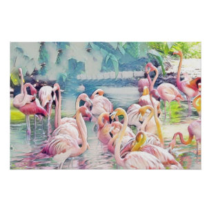 Aquarellmalerei von rosa Flamingos im Wasser Poster