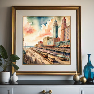 Aquarellmalerei von Vintage-Uferpromenade Poster