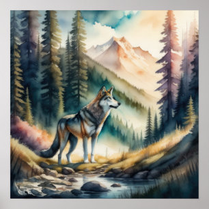 Aquarellmalerei von Wolf im Wald 1:1 Poster