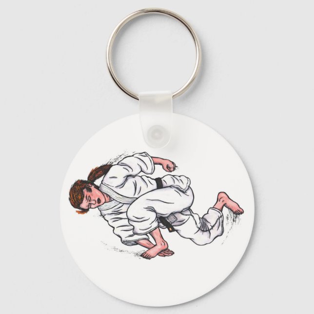 Aquarellmalerin Karate-Frau springende Schlüsselanhänger (Vorderseite)