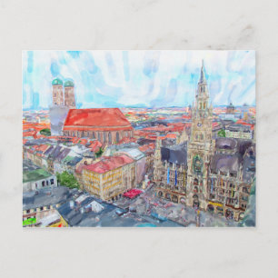 Aquarellmalmunich Marienplatz. Luft. Postkarte