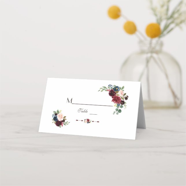 Aquarellmärsche Navy Blue Floral Tischnummer Platzkarte (Vorderseite)