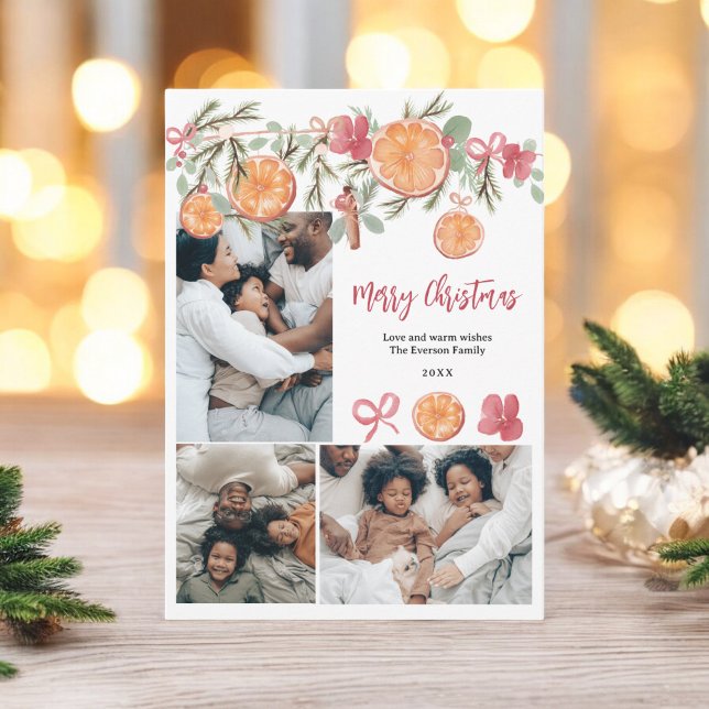 Aquarellmauer 5 Foto Weihnachten (Watercolor Citrus and Floral 5 Photo Christmas Holiday Card)