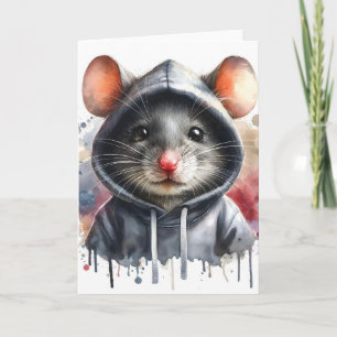 Aquarellmaus in grauer Kapuzenjacke Spritzkunst  Karte