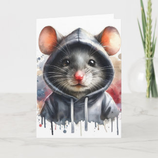 Aquarellmaus in grauer Kapuzenjacke Spritzkunst Karte