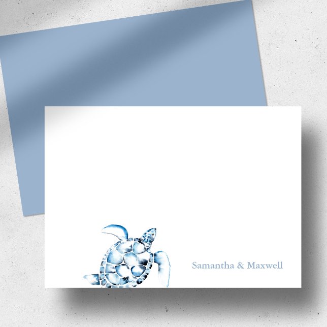 Aquarellmeerschildkröte Blaue Personalisierte Kart Mitteilungskarte (Personalized sea turtle notecard dusty blue watercolor art by Victoria Grigaliunas Do Tell A Belle)
