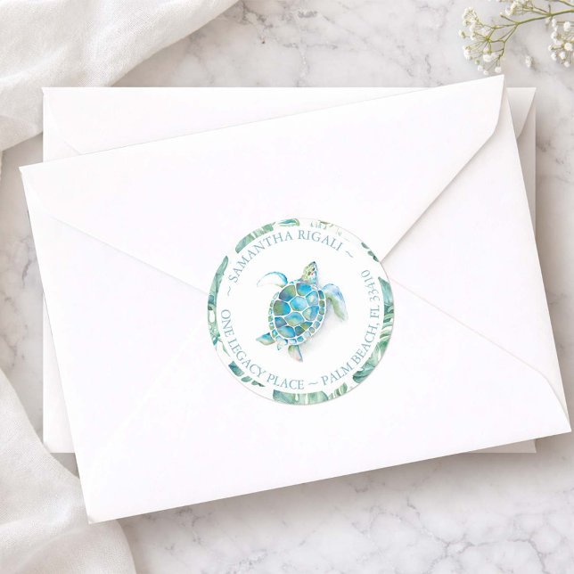 Aquarellmeerschildkröten Beach Rücksendeadresse Runder Aufkleber (Round sea turtle return address labels designed with hand painted tropical watercolor art)