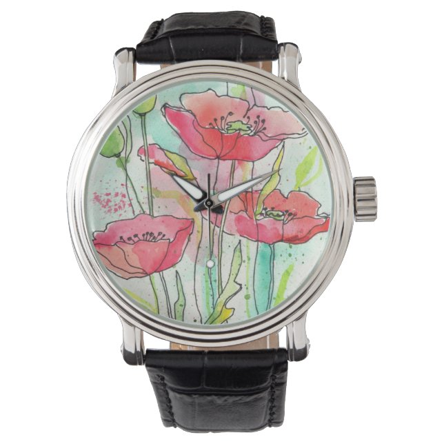 Aquarellmohn Armbanduhr (Vorderseite)