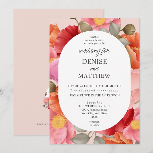 Aquarellmohn auf blütige Rose Einladung (Vorne/Hinten)