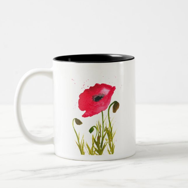 Aquarellmohn Blume Chic rustic Zweifarbige Tasse (Links)