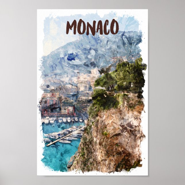 Aquarellmonaco Retro Reiseportansicht Poster (Vorne)