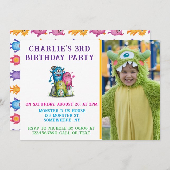 Aquarellmonster Geburtstagsparty des Kindes Einladung (Vorne/Hinten)