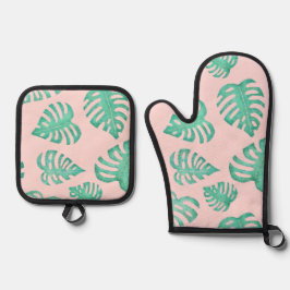 Aquarellmonstera-Blätter auf Ballet Pink Ofenhandschuh & Topflappen-Set