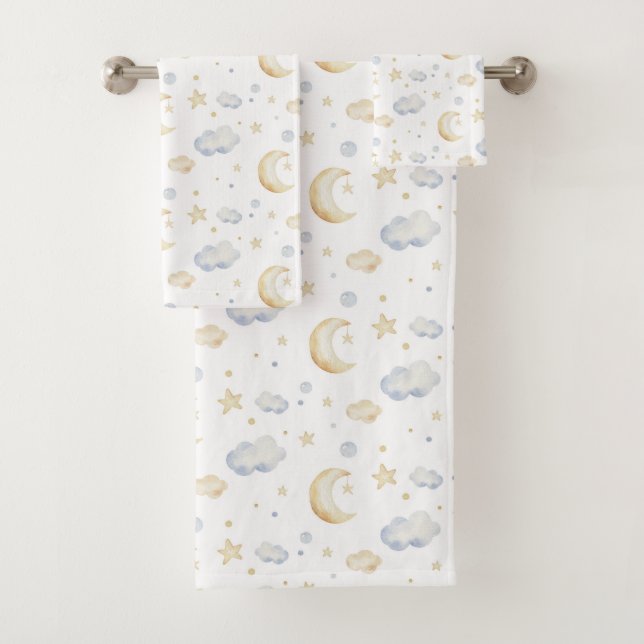 Aquarellmoon-Sterne und Cloud-Muster Badhandtuch Set (Insitu)