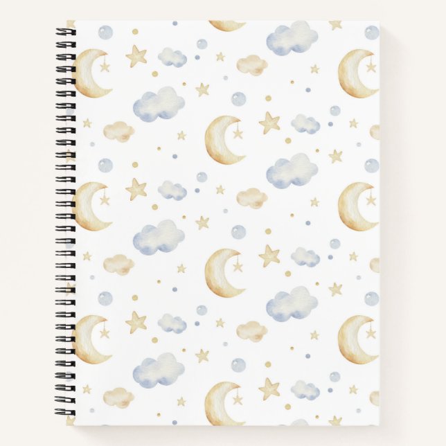 Aquarellmoon-Sterne und Cloud-Muster Notizbuch (Vorderseite)