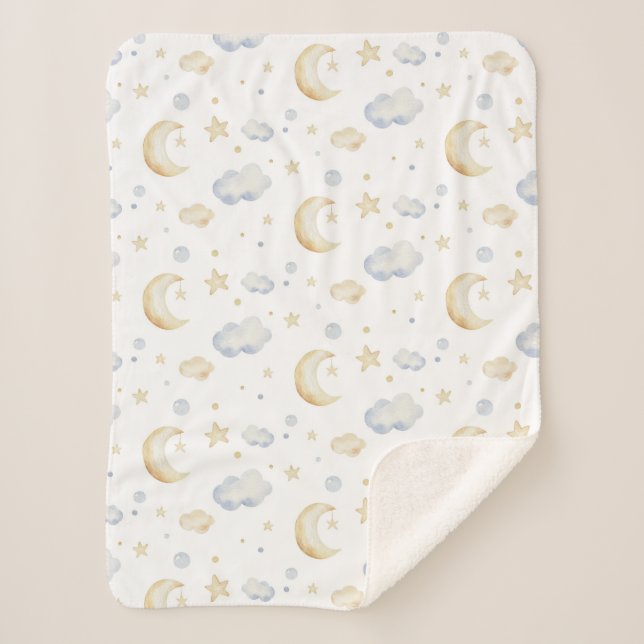 Aquarellmoon-Sterne und Cloud-Muster Sherpadecke (Vorderseite)