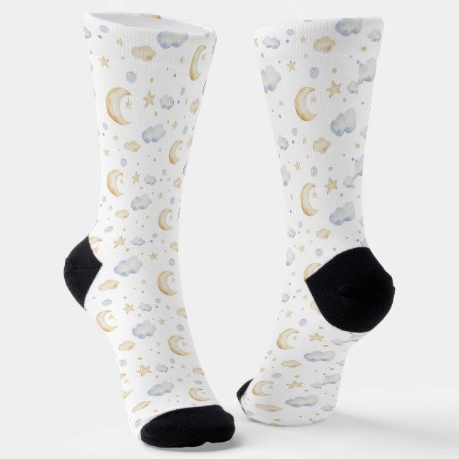 Aquarellmoon-Sterne und Cloud-Muster Socken (Gewinkelt)