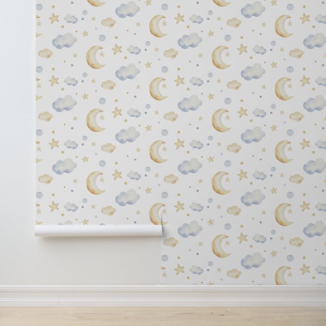 Aquarellmoon-Sterne und Cloud-Muster Tapete (Anwendung)
