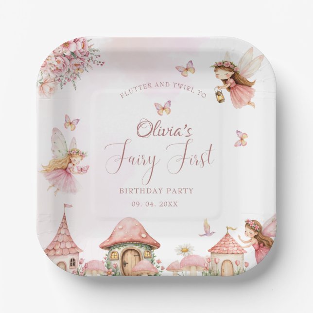 Aquarellmushroom Fairy 1. Geburtstagswald Pappteller (Vorderseite)
