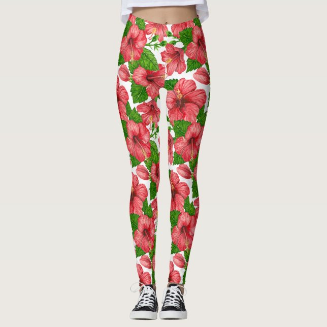 Aquarellmuster aus rotem Hibiskus Leggings (Vorderseite)