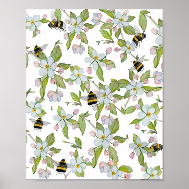 Aquarellmuster Blüten und Hummeln Poster (Vorne)
