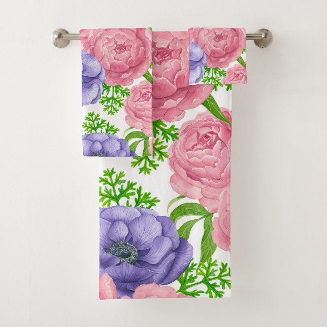 Aquarellmuster mit Torf und Anemon-Blume Badhandtuch Set (Insitu)
